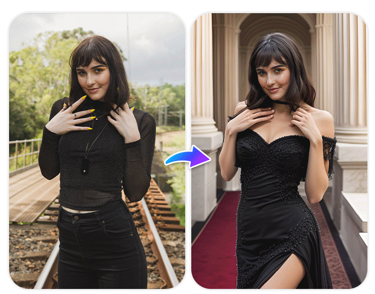 transform a woman and a man original photo to photos with different outfits generated with PhotoDirector